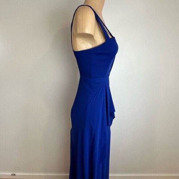 BCBG Maxazria Size 0 Blue Cutout Formal Wear Maxi Dress Gown Ruffled Swifty - Picture 9 of 15
